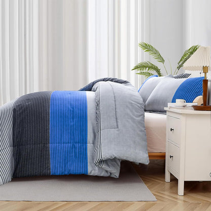 Blue Comforter Set Queen, Reversible Blue Grey Striped Patchwork Alternative Comforter for Queen Bed,3 Pieces (1 Comforter+2 Pillowcases), Soft Microfiber Bedding Duvet Set 90"×90"