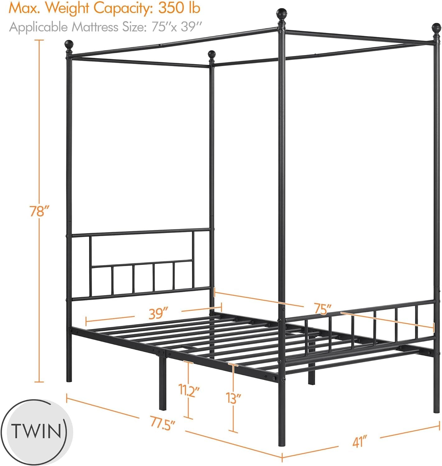 Canopy Bed Frames Platform Bed Frame Four-Poster Canopied Bed Mattress Foundation with Headboard and Footboard Sturdy Slatted Structure No Box Spring Needed Easy Assembly Twin Size/Black