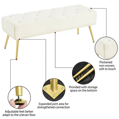 Modern Ottoman Velvet Footstool Bench for Bedroom, Ivory