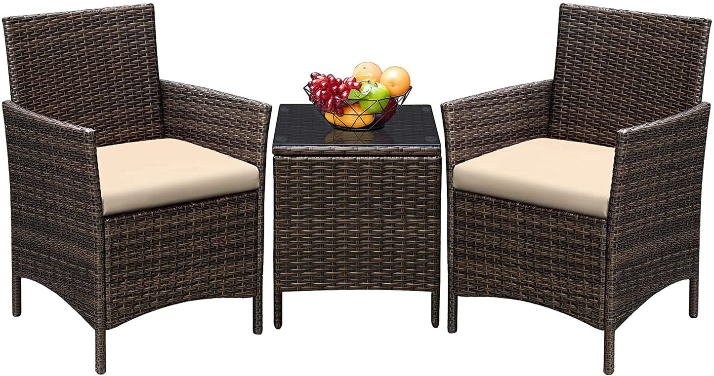 3 Pieces Patio Furniture Sets Outdoor PE Rattan Wicker Chairs with Soft Cushion and Glass Coffee Table for Garden Backyard Porch Poolside, Brown and Beige