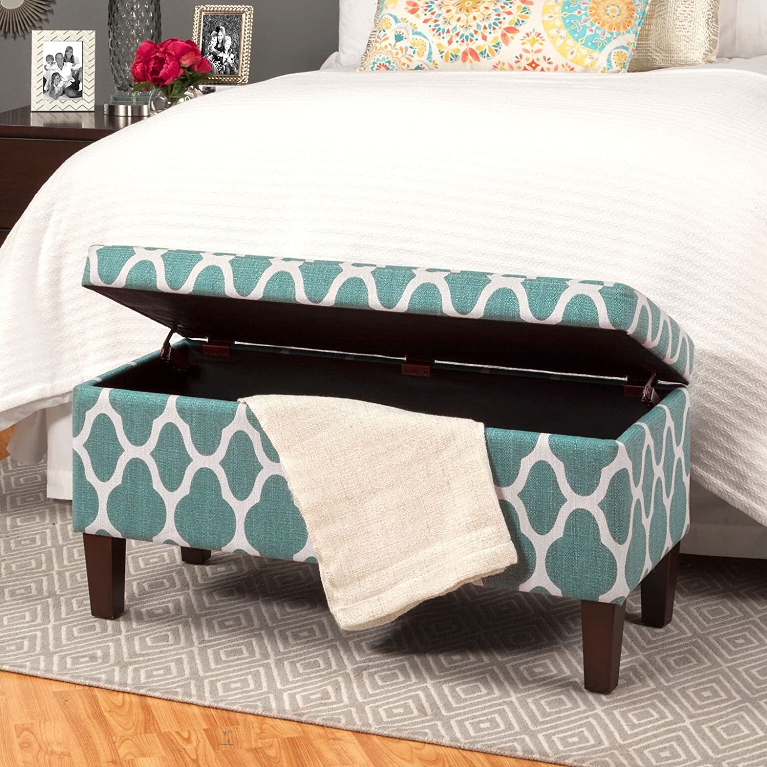 Large Upholstered Rectangular Storage Ottoman Bench with Hinged Lid, Teal Blue Geometric