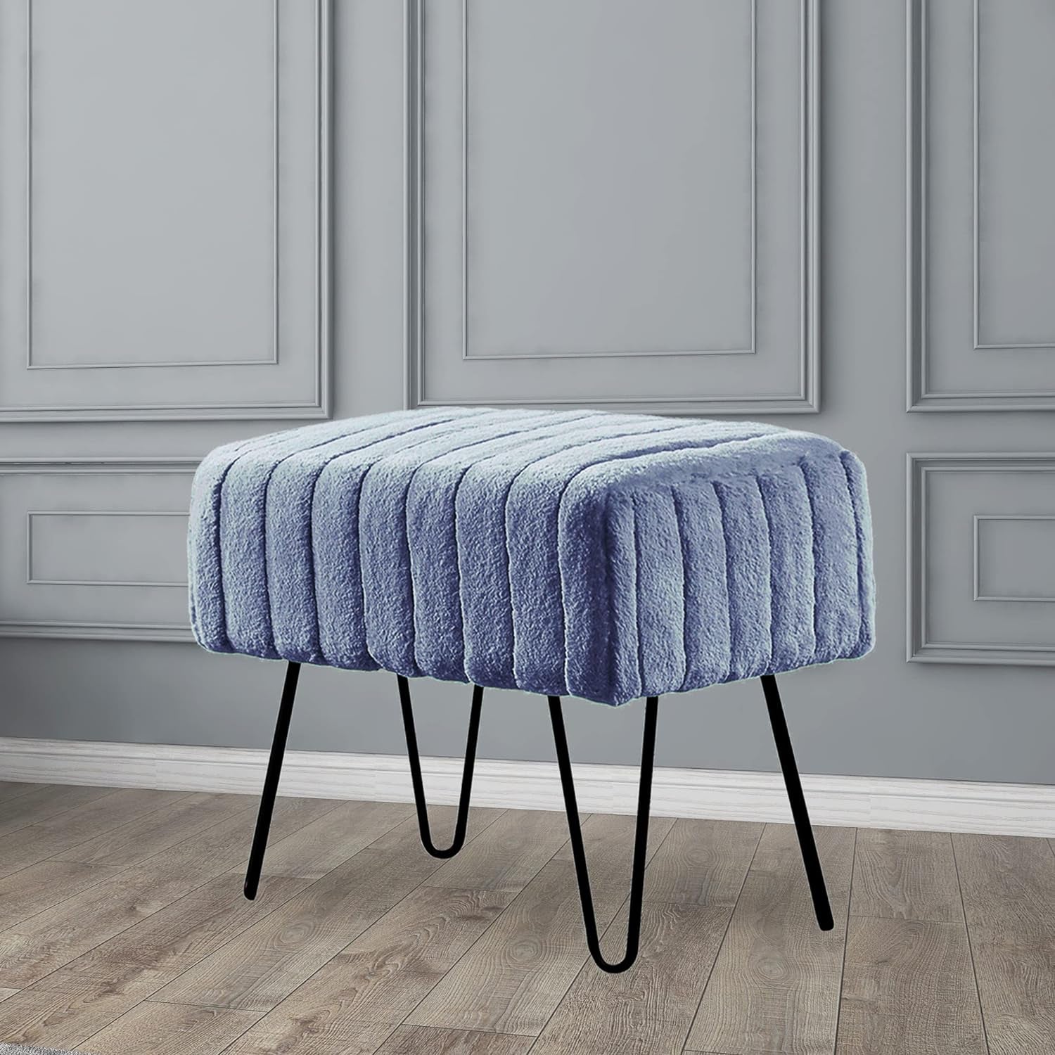 Super Mink Faux Fur Blue Ottoman Bench 19" X 13" X 17", Blue Mirage, Living Room Foot Rest Stool Entryway Makeup Bench End of Bed Bedroom Home Decor Chair for Sitting