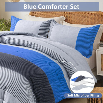 Blue Comforter Set Queen, Reversible Blue Grey Striped Patchwork Alternative Comforter for Queen Bed,3 Pieces (1 Comforter+2 Pillowcases), Soft Microfiber Bedding Duvet Set 90"×90"