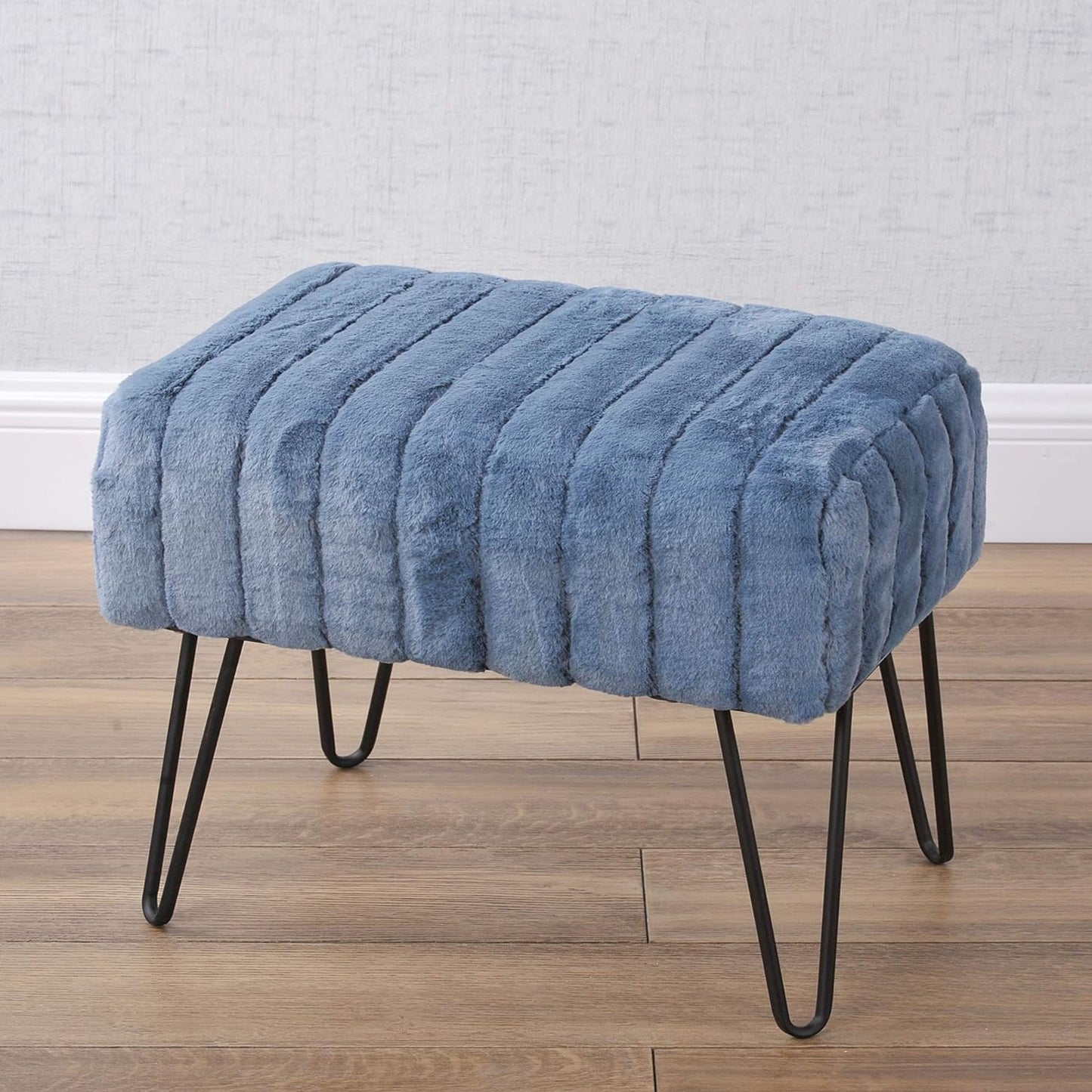 Super Mink Faux Fur Blue Ottoman Bench 19" X 13" X 17", Blue Mirage, Living Room Foot Rest Stool Entryway Makeup Bench End of Bed Bedroom Home Decor Chair for Sitting