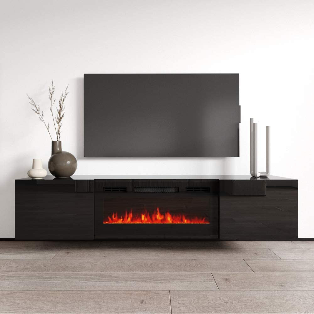 Cali BL-EF Floating Fireplace TV Stand for Tvs up to 80", Modern High Gloss 72" Entertainment Center, Wall Mounted Electric Fireplace TV Media Console with Storage Cabinets