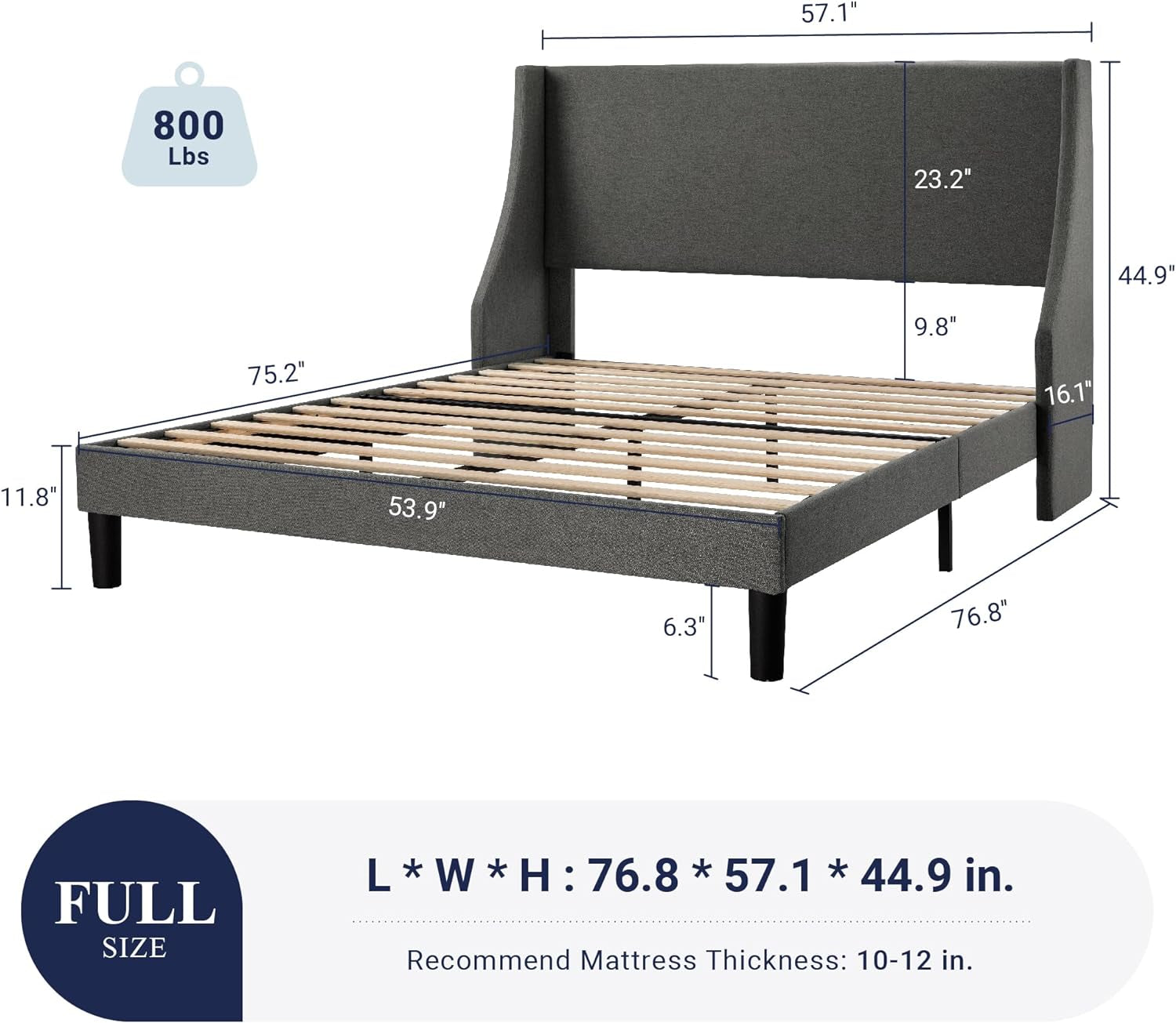 Full Size Bed Frame, Platform Bed Frame with Upholstered Headboard, Modern Deluxe Wingback, Wood Slat Support, Mattress Foundation, Dark Grey