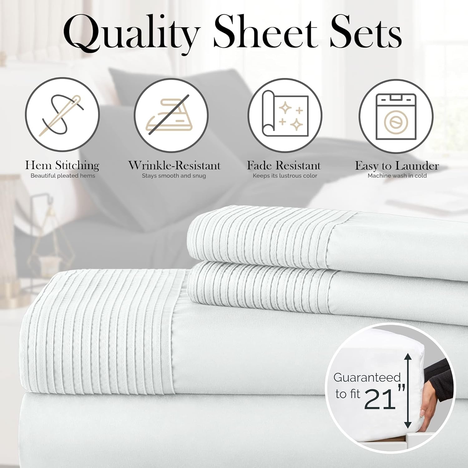 Southshore Fine Living Vilano Pleats, 5-Piece, 21-Inch Extra Deep Pocket Sheet, Split-King Sheets with Flat Sheets and Pillowcase, Easy Care Shrinkage-Free Deep Pocket Sheets, Sheet Set, Bright White