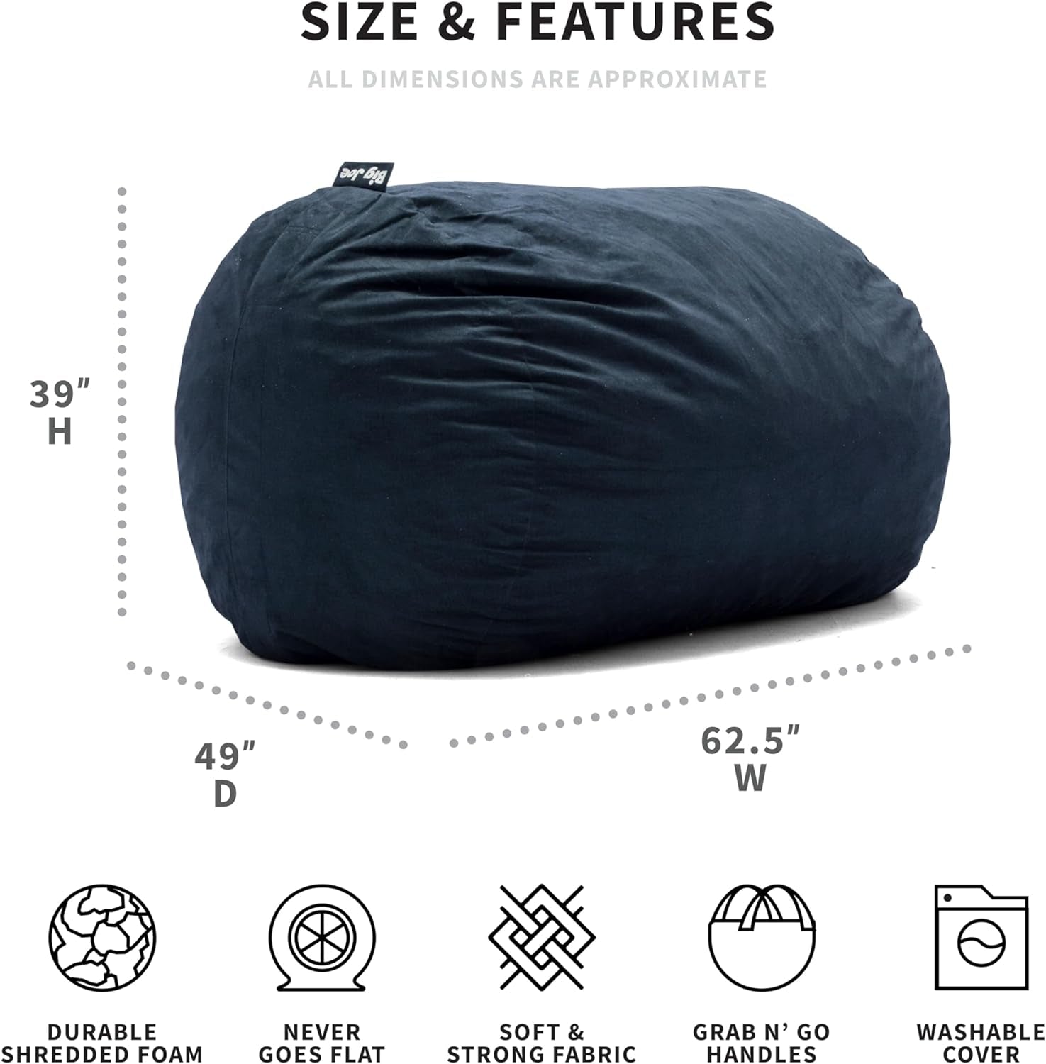 Fuf XL Foam Filled Bean Bag Chair with Removable Cover, Cobalt Lenox, Durable Woven Polyester, 5 Feet Giant