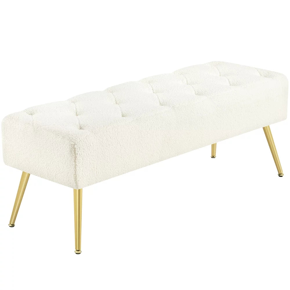 Modern Ottoman Velvet Footstool Bench for Bedroom, Ivory