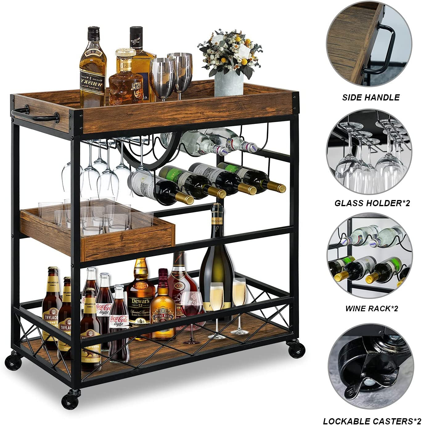 Bar Cart for the Home, 3 Tire Industrial Rolling Serving Cart on Lockable Wheels, Alcoholic Beverage Trolley with 2 Removable Trays, Wine Rack and Glass Holder for Indoor, Outdoor