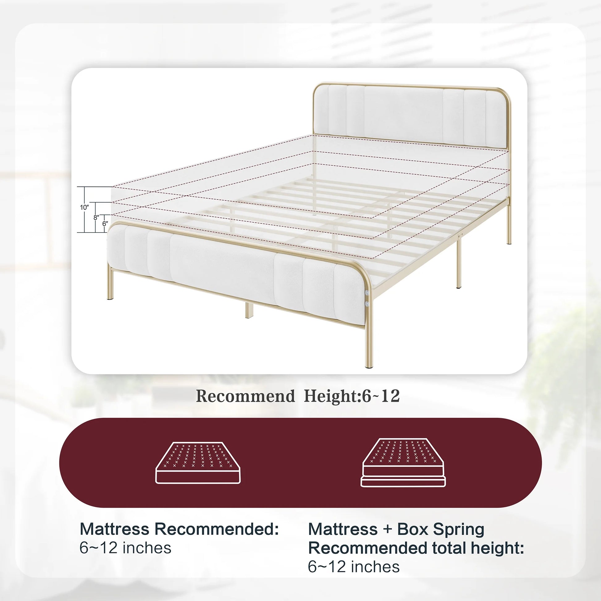 Gold Queen Size Bed Frame with Velvet Fabric Headboard, Metal Platform Bed with 13" Storage Space, Solid Metal Slats Support