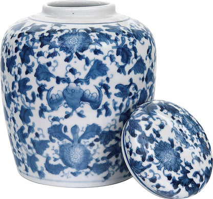 Decorative Blue and White Ceramic Ginger Jar with Lid