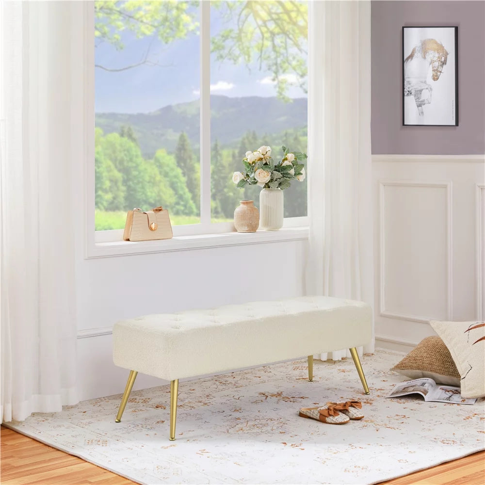 Modern Ottoman Velvet Footstool Bench for Bedroom, Ivory