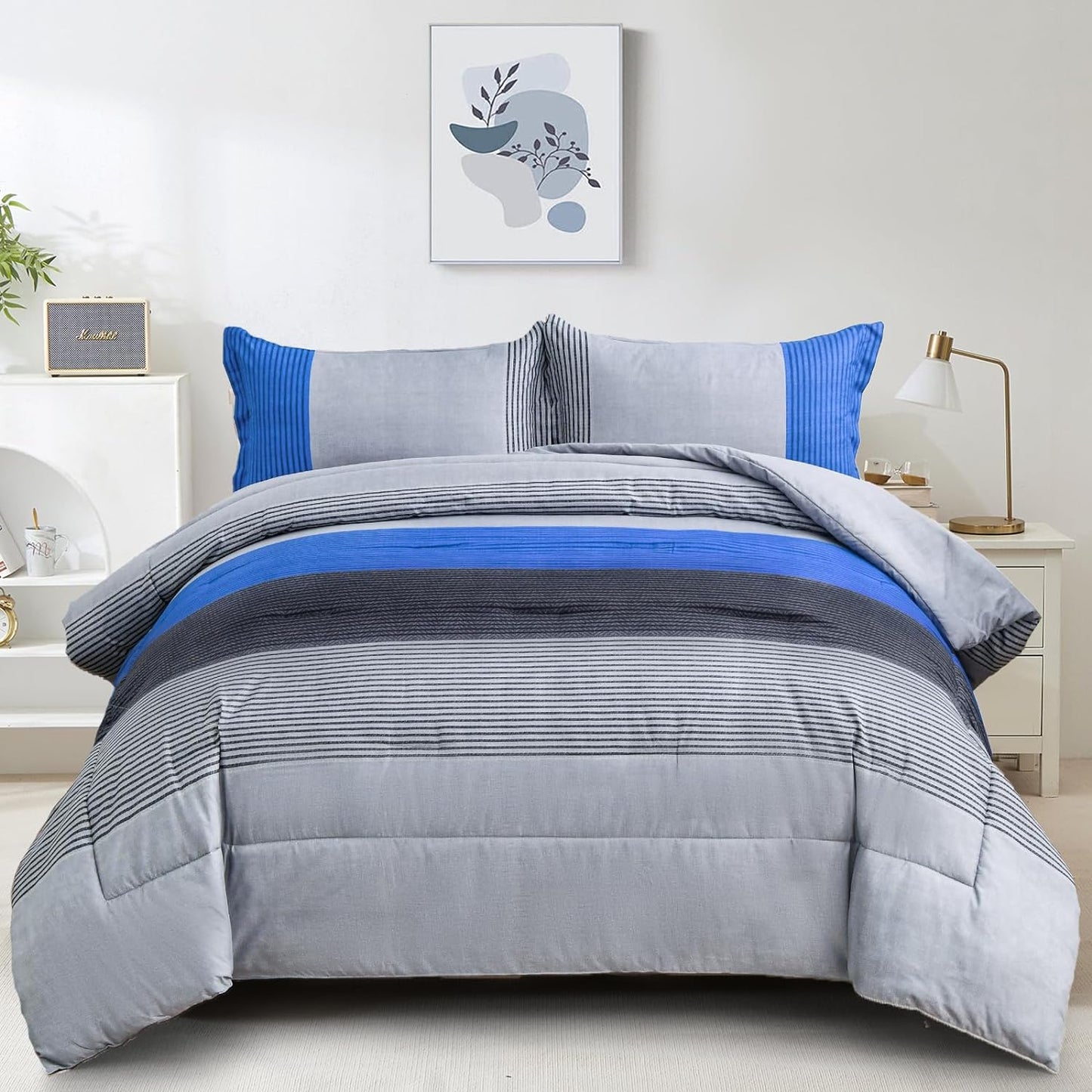 Blue Comforter Set Queen, Reversible Blue Grey Striped Patchwork Alternative Comforter for Queen Bed,3 Pieces (1 Comforter+2 Pillowcases), Soft Microfiber Bedding Duvet Set 90"×90"