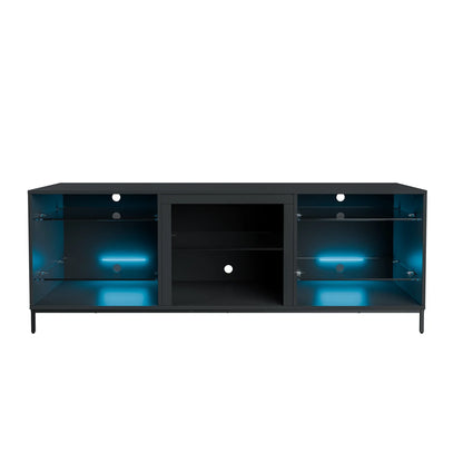 TV Stand for 70" TV Modern Black Entertainment Center with LED Lights Media Console Cabinet Open Glass Storage Shelves for Gaming Living Room