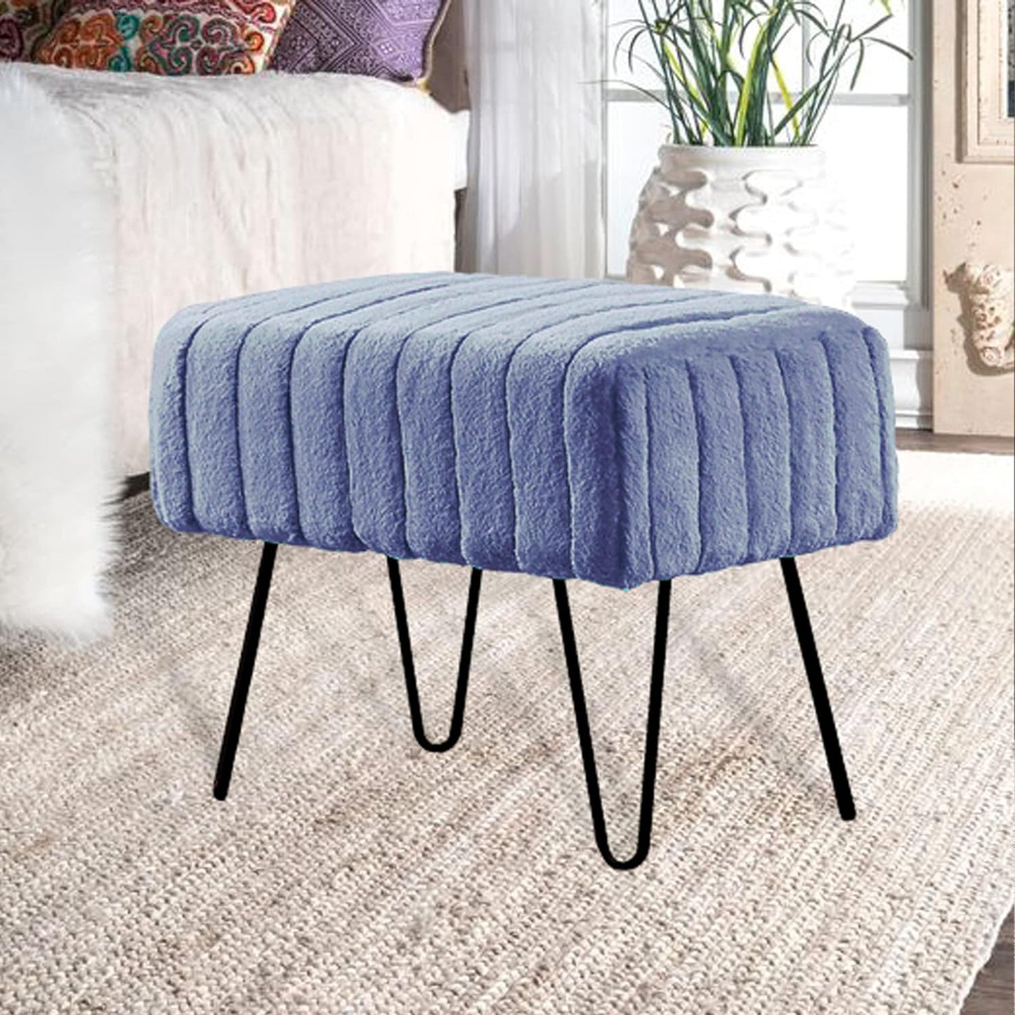 Super Mink Faux Fur Blue Ottoman Bench 19" X 13" X 17", Blue Mirage, Living Room Foot Rest Stool Entryway Makeup Bench End of Bed Bedroom Home Decor Chair for Sitting