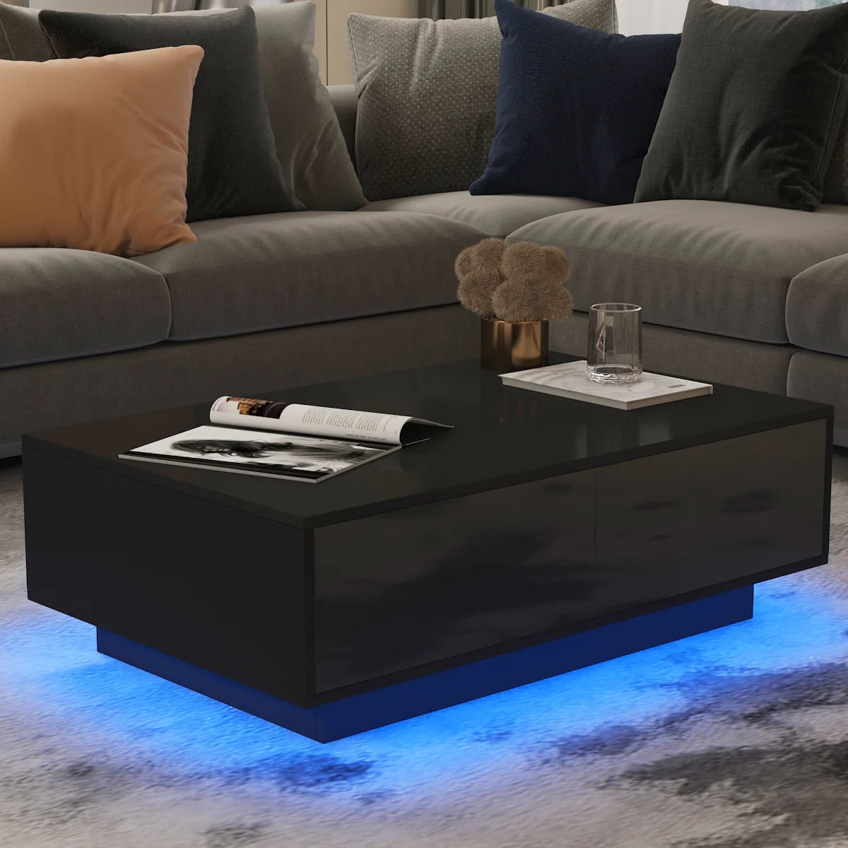 Modern Coffee Table with 4 Drawers LED Center Cocktail Table Black High Gloss Finish