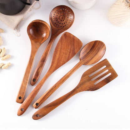 Wooden Spoons for Cooking, Tmkit Cooking Utensils Set of 6 Natural Teak Woode...