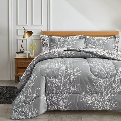 Bed in a Bag 7 Pieces Queen Size Gray Branches with Yellow Dots - Soft Microfiber Reversible Bed Comforter Set (1 Comforter 2 Pillow Shams 1 Flat Sheet 1 Fitted Sheet 2 Pillowcases)