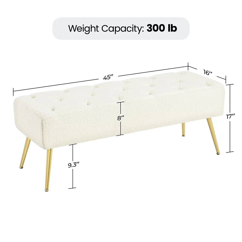 Modern Ottoman Velvet Footstool Bench for Bedroom, Ivory