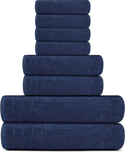 8 Piece Towels Set, 2 Extra Large Bath Towels, 2 Hand Towels, 4 Washcloths, 100% Cotton, Lighter Weight, Quicker to Dry, Super Absorbent, Perfect Bathroom Towels Set (Navy)