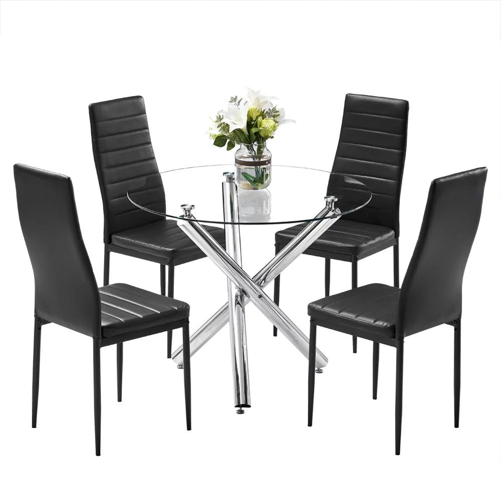 5 Piece round Dining Table Set, Modern Kitchen Table and Chairs for 4 Person,Dining Room Table Set with Clear Tempered Glass Top, Dining Set for Dining Room Kitchen (Table + 4 Black Chairs)