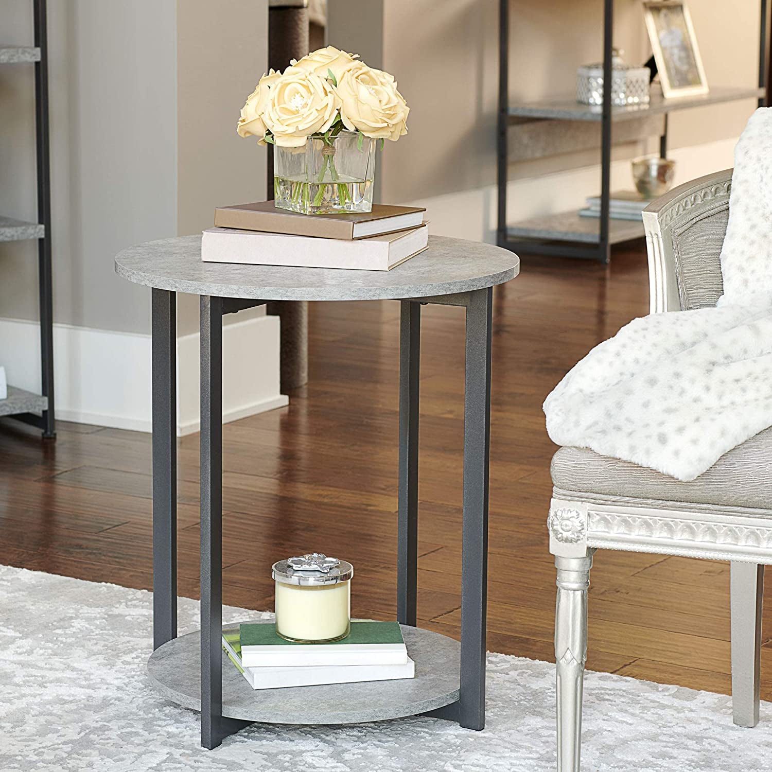 Wooden Side End Table with Storage Shelf | Slate Faux Concrete, Grey