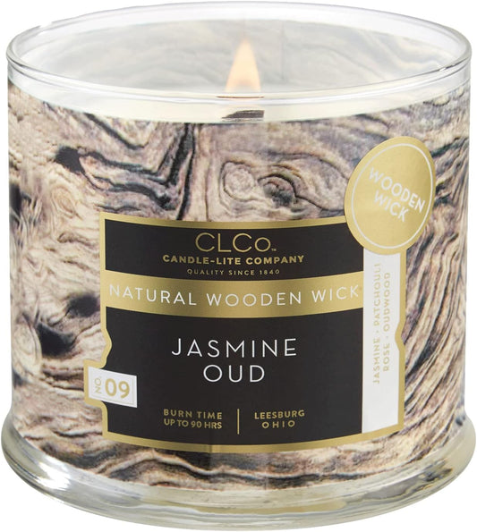 Clco. by  Company Jasmine Oud Wood Wick Candle, 14 Oz Scented Aromatherapy Candle, Glass Jar, 90 Hours Burn Time, Brown