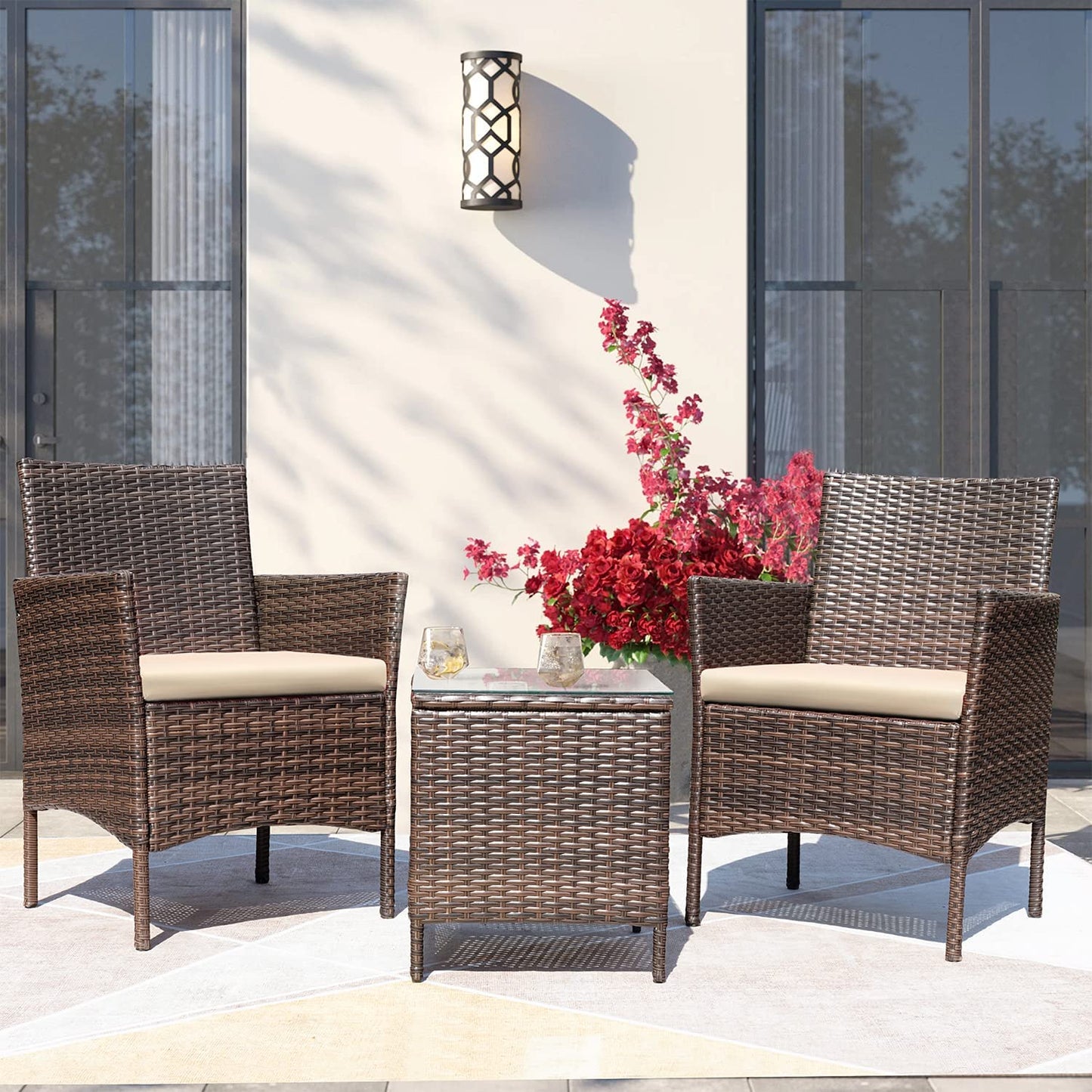 3 Pieces Patio Furniture Sets Outdoor PE Rattan Wicker Chairs with Soft Cushion and Glass Coffee Table for Garden Backyard Porch Poolside, Brown and Beige