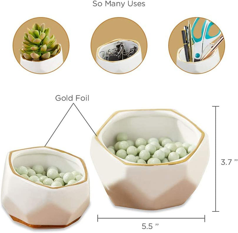 Geometric Ceramic Planters Decorative Bowls, Small & Medium (Set of 2) , White