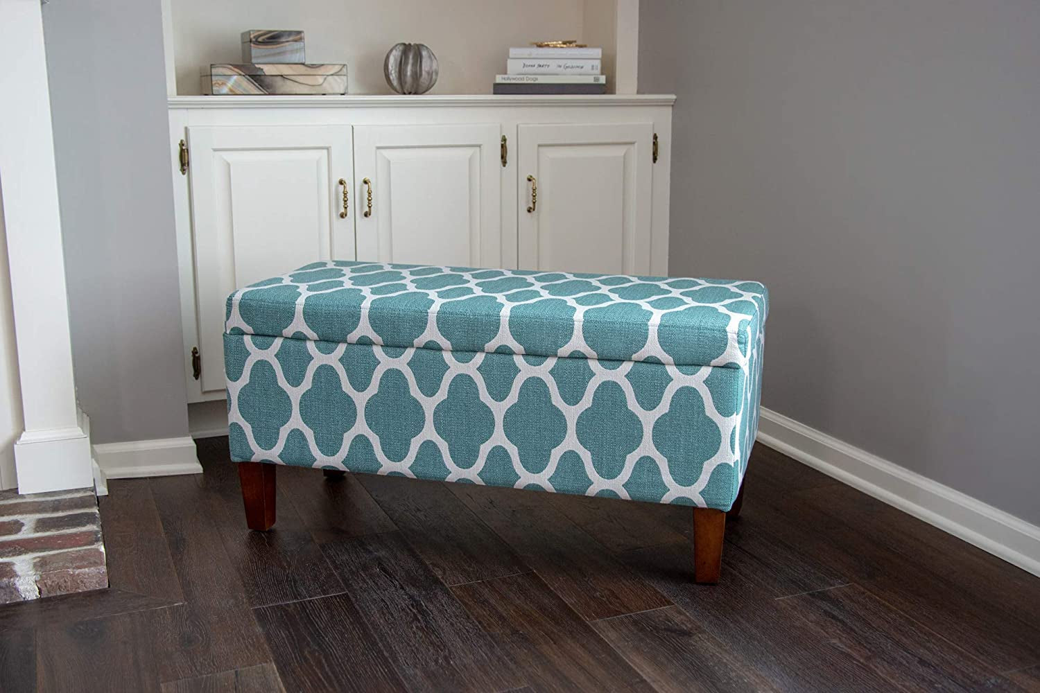 Large Upholstered Rectangular Storage Ottoman Bench with Hinged Lid, Teal Blue Geometric