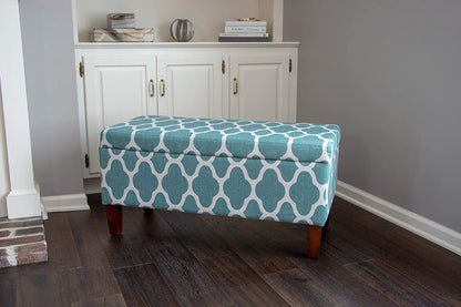 Large Upholstered Rectangular Storage Ottoman Bench with Hinged Lid, Teal Blue Geometric