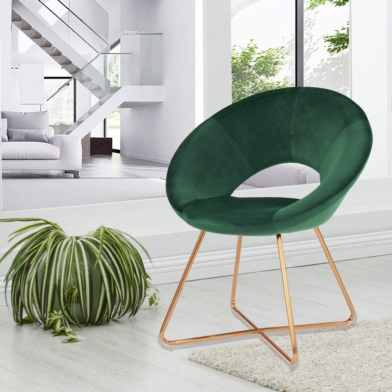 Modern Accent Velvet Chairs Dining Chairs Single Sofa Comfy Upholstered Arm Chair Living Room Furniture Mid-Century Leisure Lounge Chairs with Golden Metal Frame Legs 1 PCS Dark Green