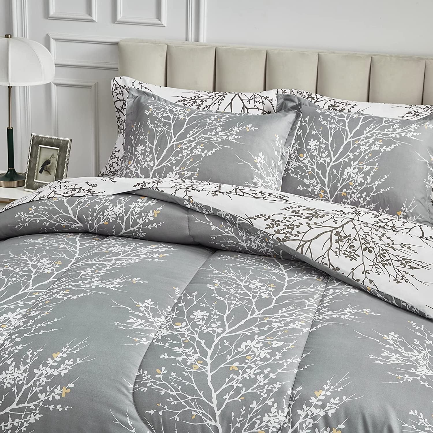 Bed in a Bag 7 Pieces Queen Size Gray Branches with Yellow Dots - Soft Microfiber Reversible Bed Comforter Set (1 Comforter 2 Pillow Shams 1 Flat Sheet 1 Fitted Sheet 2 Pillowcases)