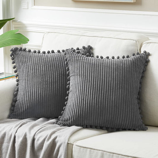 Dark Gray Decorative Throw Pillow Covers 18X18 Inch with Pom Poms, Boho Farmhouse Home Decor, Soft Corduroy Accent Square Cushion Case for Living Room Couch Bed Sofa 45X45 Cm