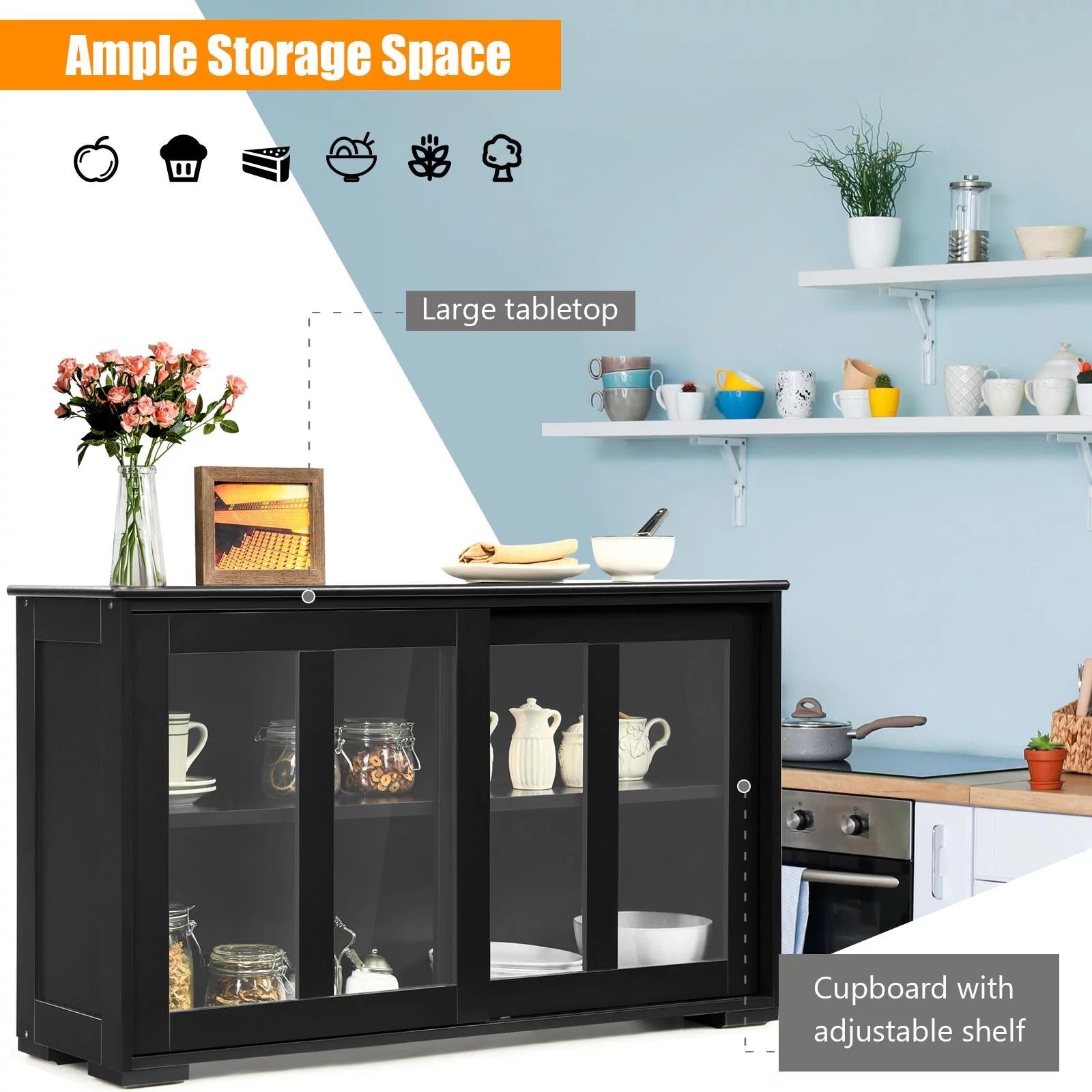 Stackable Buffet Cabinet, Kitchen Storage Cabinet with Sliding Tempered Glass Doors, Small Sideboard for Kitchen, Dining Room or Living Room, Black