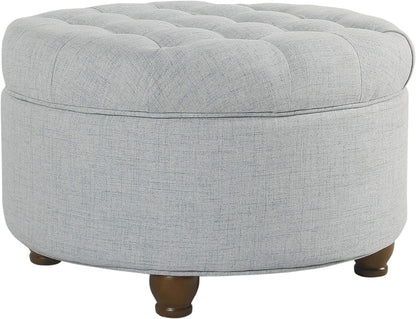 Home Decor | Large Button Tufted Woven round Storage Ottoman | Ottoman with Storage for Living Room & Bedroom (Light Blue)