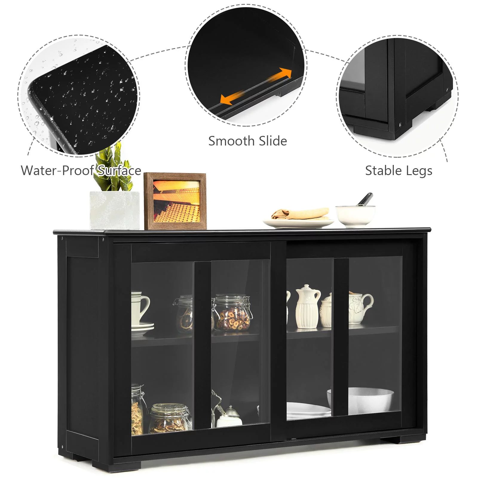 Stackable Buffet Cabinet, Kitchen Storage Cabinet with Sliding Tempered Glass Doors, Small Sideboard for Kitchen, Dining Room or Living Room, Black