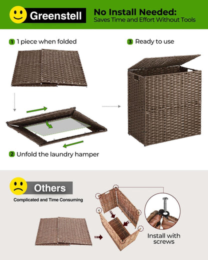 Laundry Hamper with Lid, No Install Needed, 90L Wicker Laundry Baskets Foldable 2 Removable Liner Bags, 2 Section Clothes Hamper Handwoven Rattan Laundry Basket with Handles, Brown