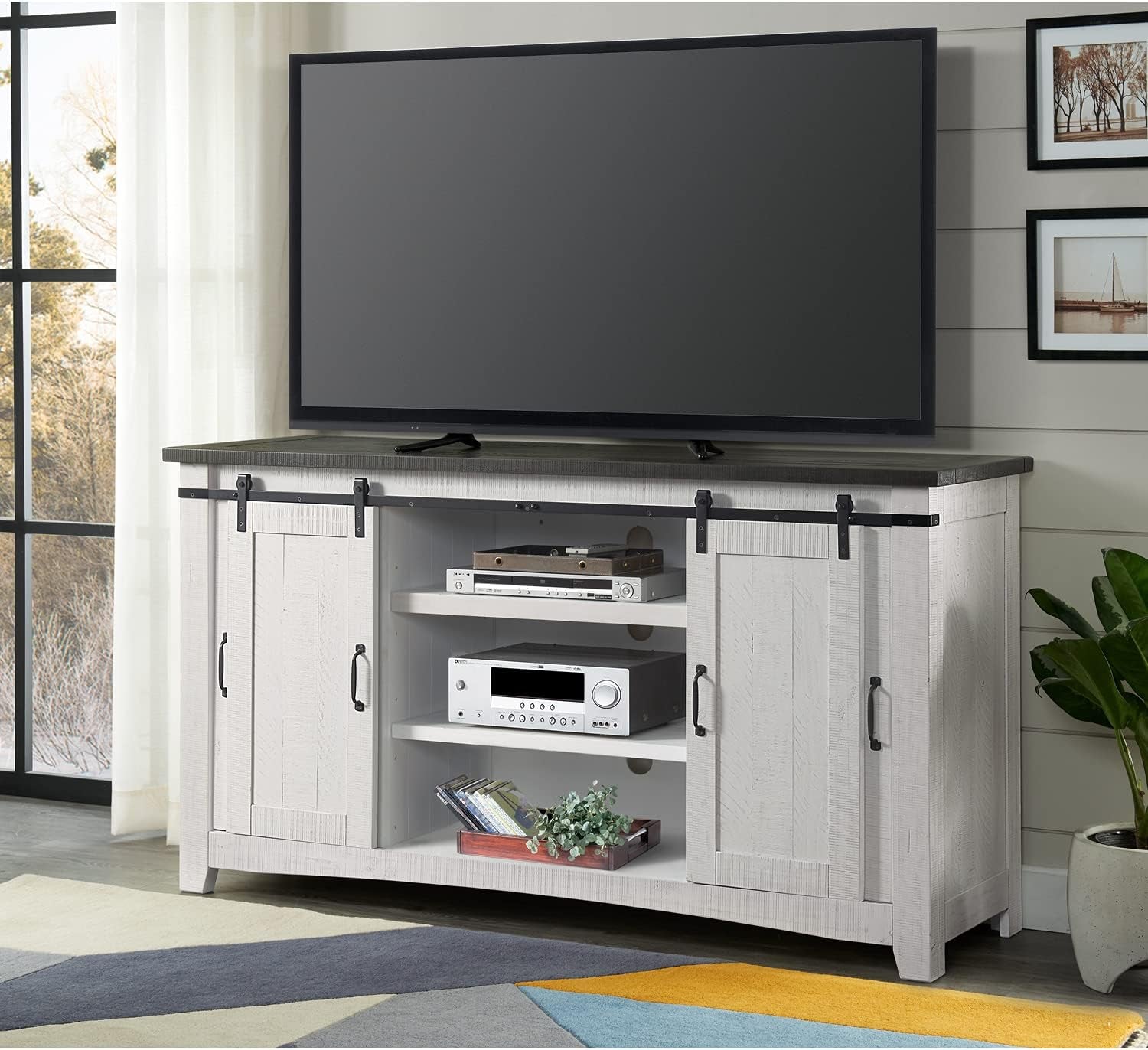 Hampton TV Stand, White Stain with Grey Stain Top