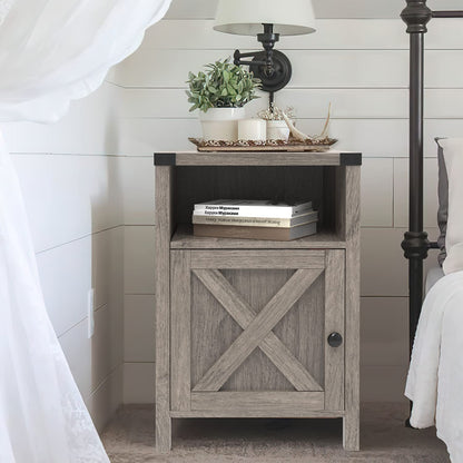 Farmhouse Nightstand, End Table, End Tables with Barn Door and Shelf, Modern Bed Side Table Rustic Gray Nightstands Set for Bedroom, Living Room, Set of 2, Gray Wash