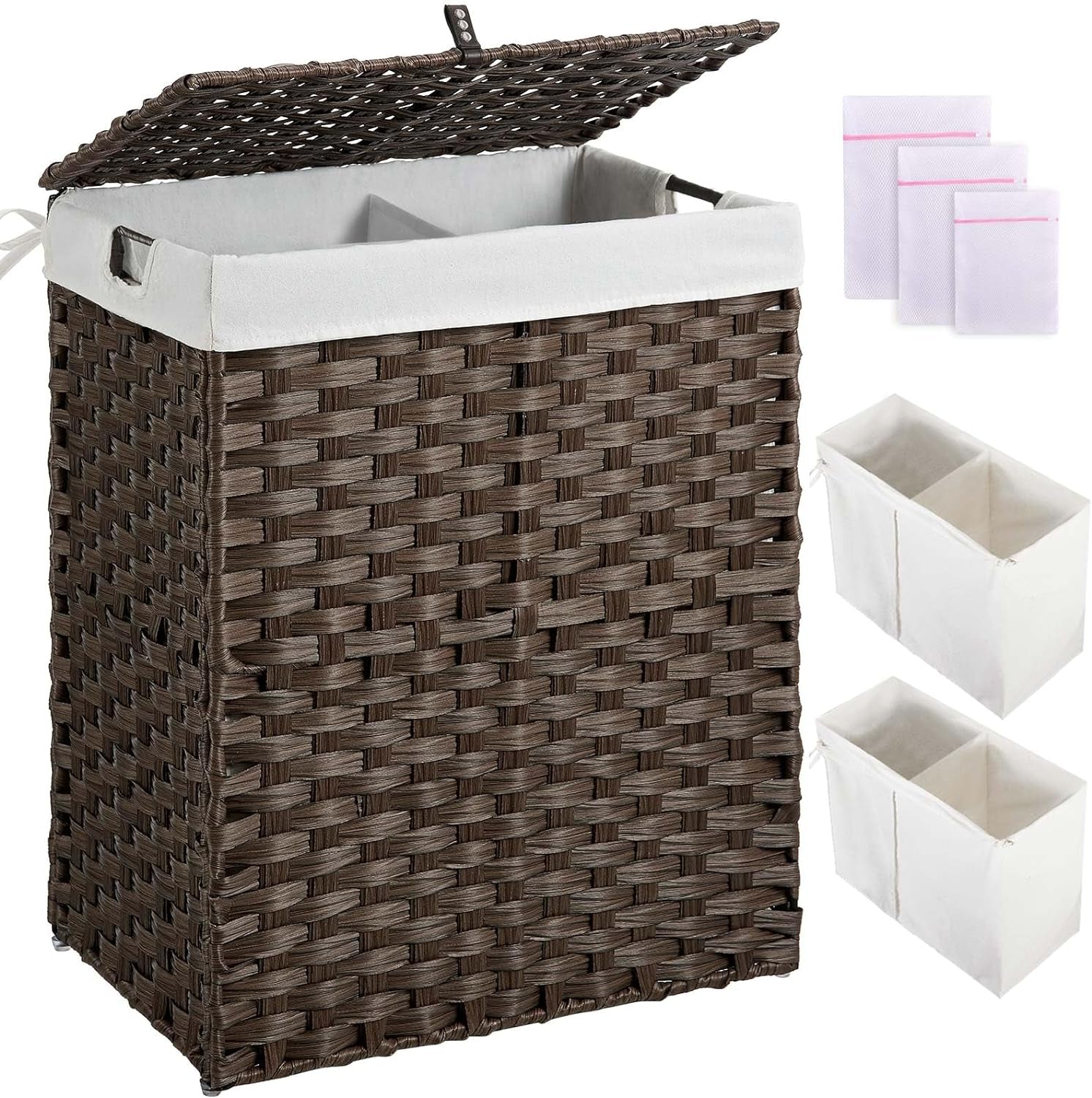 Laundry Hamper with Lid, No Install Needed, 90L Wicker Laundry Baskets Foldable 2 Removable Liner Bags, 2 Section Clothes Hamper Handwoven Rattan Laundry Basket with Handles, Brown