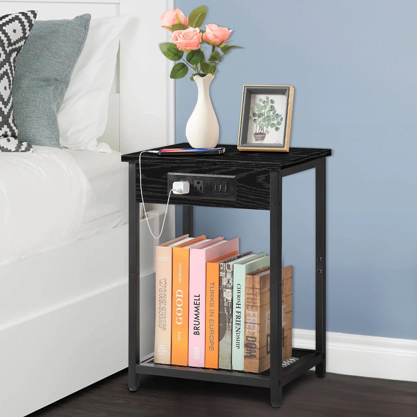 Nightstand End Table with Charging Station Black, Set of 2