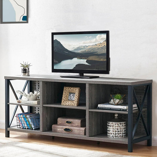 Rustic TV Stand for 55 Inch TV, Industrial Home Entertainment Center with Cabinet Storage Shelf, Modern Wood and Metal Television Media Console Table for Bedroom Living Room, Light Gray Oak, 47 In