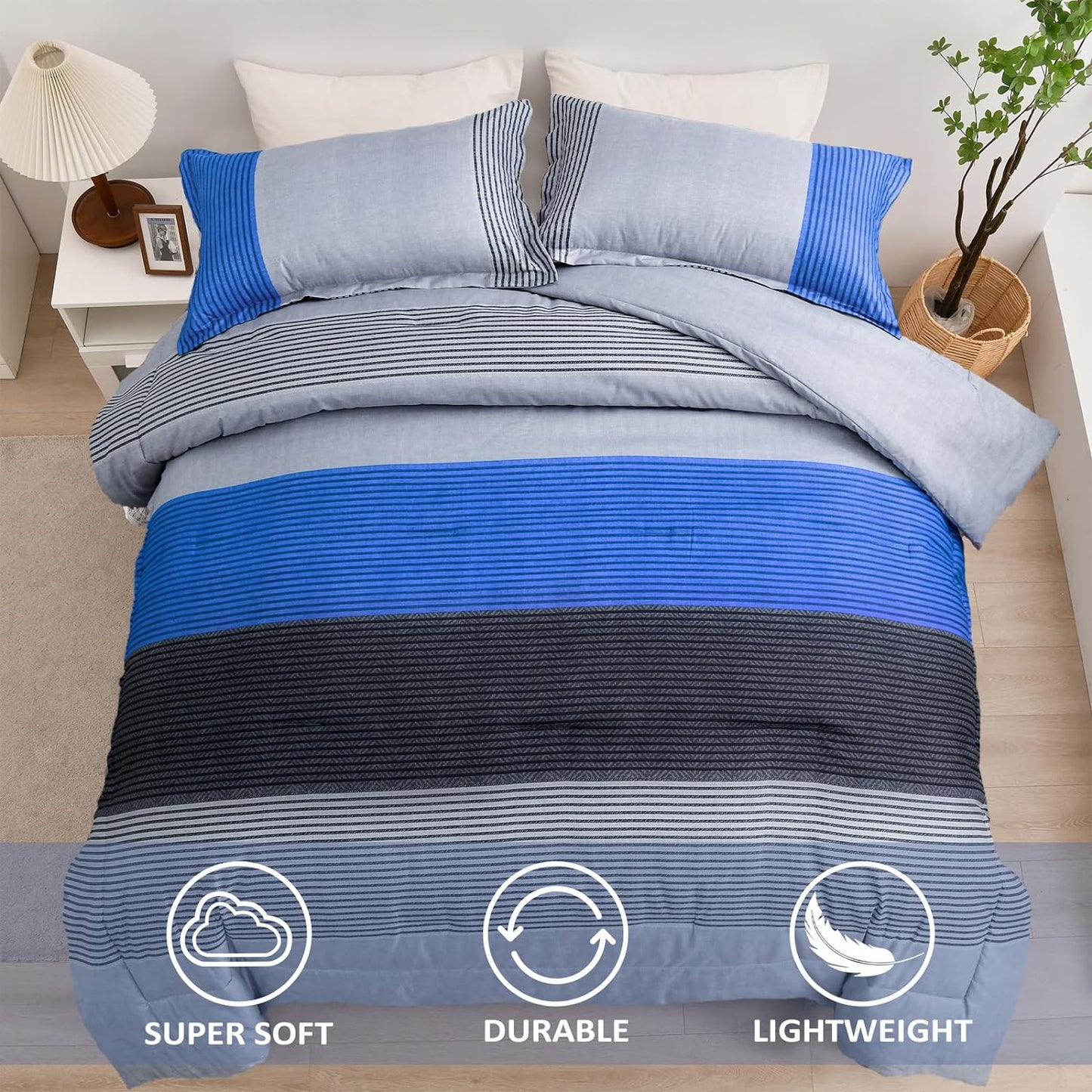 Blue Comforter Set Queen, Reversible Blue Grey Striped Patchwork Alternative Comforter for Queen Bed,3 Pieces (1 Comforter+2 Pillowcases), Soft Microfiber Bedding Duvet Set 90"×90"