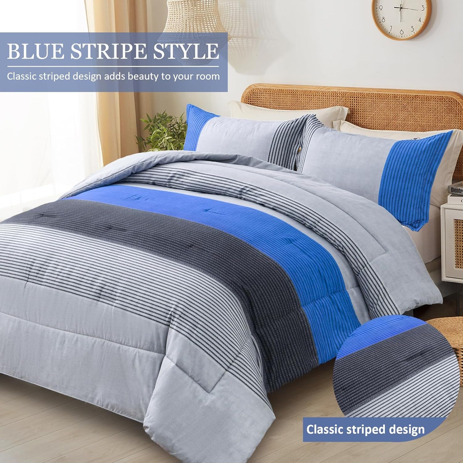 Blue Comforter Set Queen, Reversible Blue Grey Striped Patchwork Alternative Comforter for Queen Bed,3 Pieces (1 Comforter+2 Pillowcases), Soft Microfiber Bedding Duvet Set 90"×90"