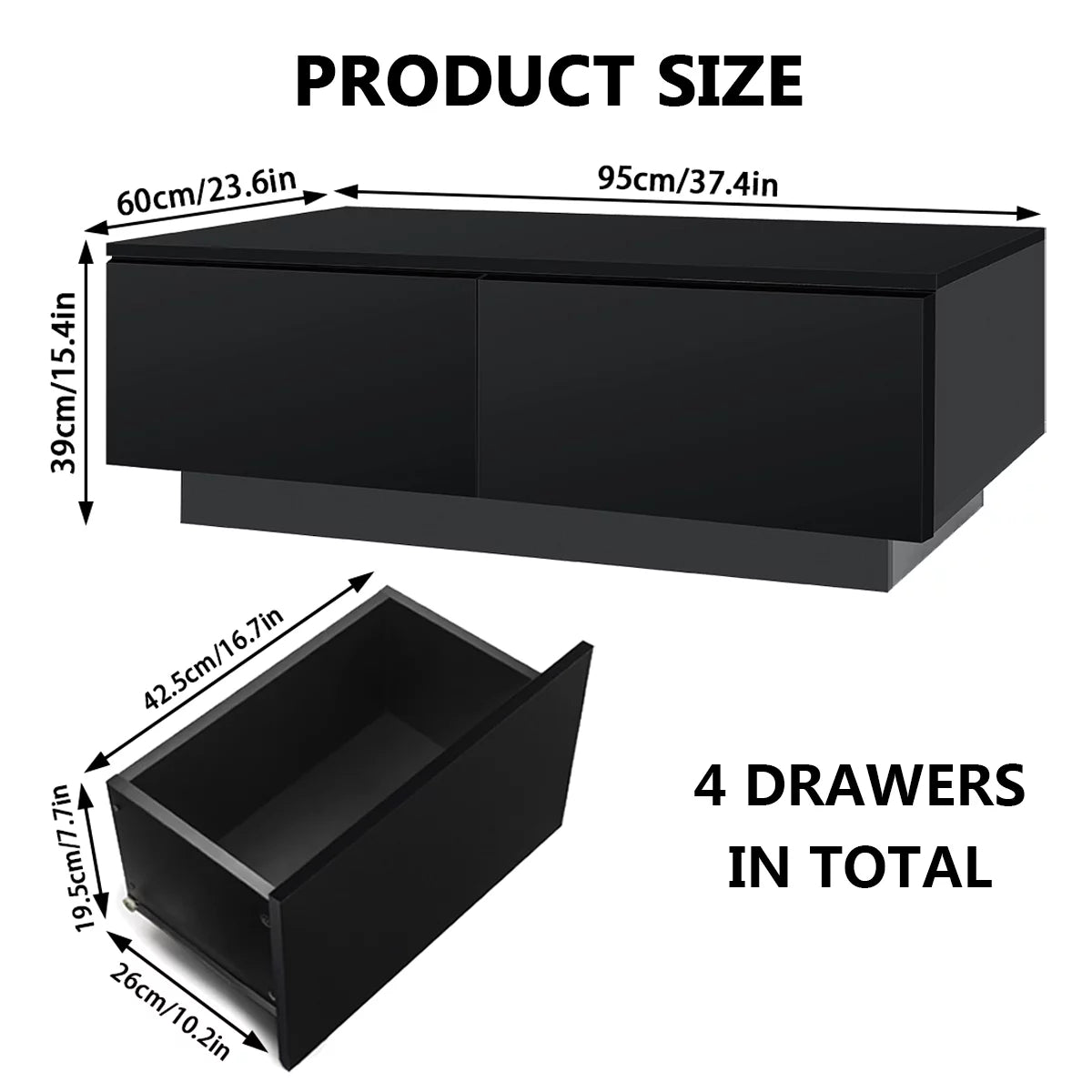 Modern Coffee Table with 4 Drawers LED Center Cocktail Table Black High Gloss Finish