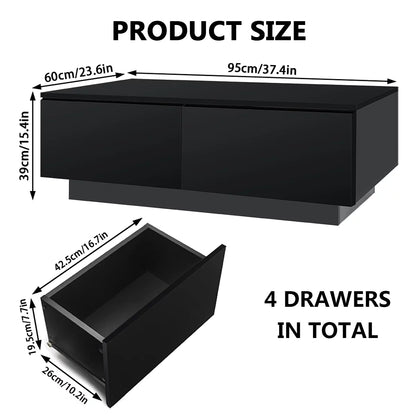 Modern Coffee Table with 4 Drawers LED Center Cocktail Table Black High Gloss Finish