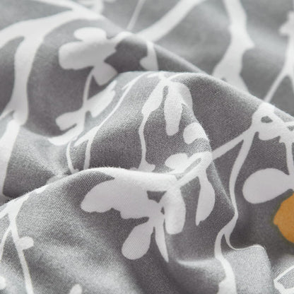 Bed in a Bag 7 Pieces Queen Size Gray Branches with Yellow Dots - Soft Microfiber Reversible Bed Comforter Set (1 Comforter 2 Pillow Shams 1 Flat Sheet 1 Fitted Sheet 2 Pillowcases)