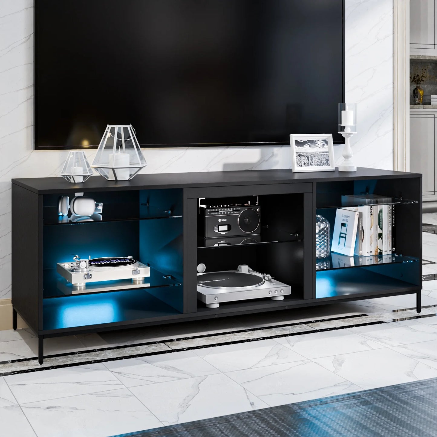 TV Stand for 70" TV Modern Black Entertainment Center with LED Lights Media Console Cabinet Open Glass Storage Shelves for Gaming Living Room